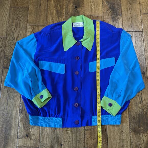 Vintage 100% Silk Blouse Blue Green Color Block Button Down Shirt Womens Sz 1X - Picture 3 of 6